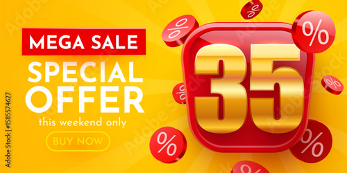 35 percent Off. 3d number 35. Sale banner. Vector illustration.