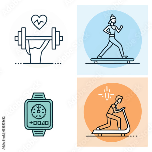 Fitness icons dumbbell heart rate monitor treadmill yoga
