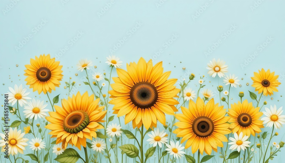 Obraz premium Bright yellow sunflowers bloom vibrantly in a sunny summer field, showcasing nature's beautiful floral artistry