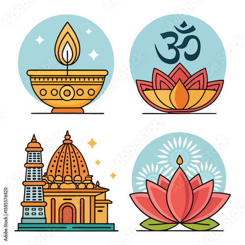 Hindu religious icons diya om symbol lotus and temple