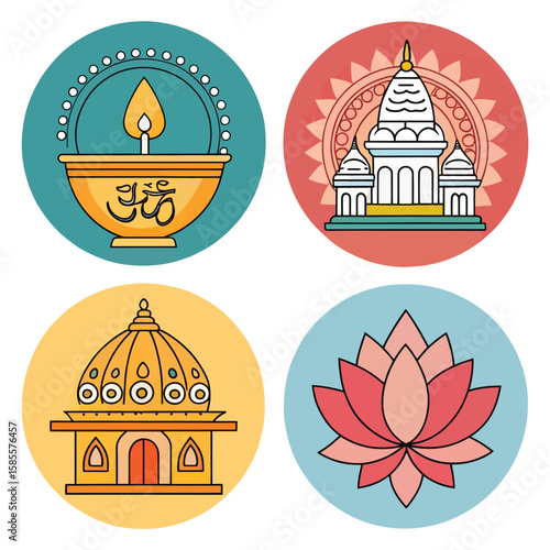 Indian cultural icons diya lamp om symbol temple lotus flower
