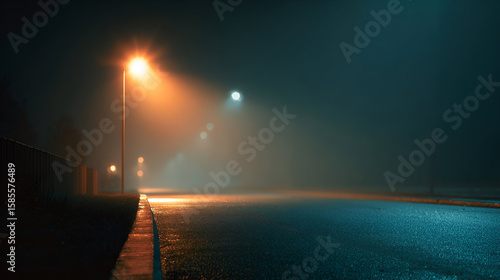 Mysterious night street illuminated by streetlights shrouded in fog during the late evening