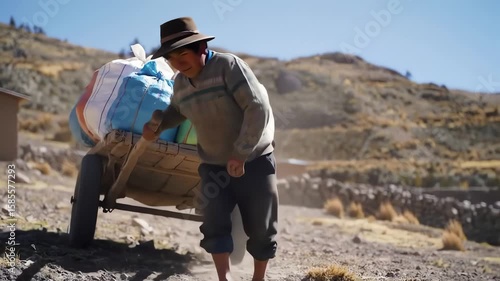 Hardworking indigenous farmer in the Andes mountains struggling to pull a heavy wooden cart up a dusty hill