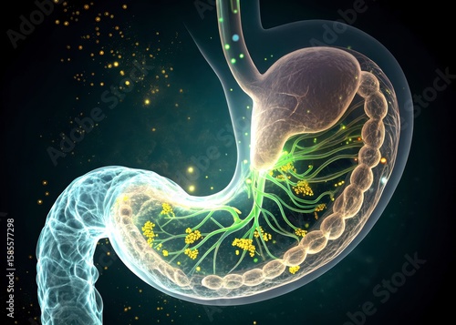 x-default Human Stomach with Probiotics and Microbiota, 3D Medical Illustration