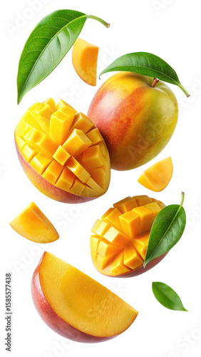 flying mango fruit and half slices isolated on transparent white background, clipping path