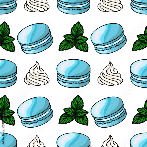 Seamless vector pattern of light blue macarons, whipped cream swirls, and fresh mint leaves, creating a delightful and appetizing design for culinary projects.
