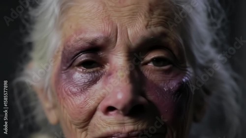 A dramatic close up of an injured elderly woman with a battered and bruised face looking sadly at the camera.
