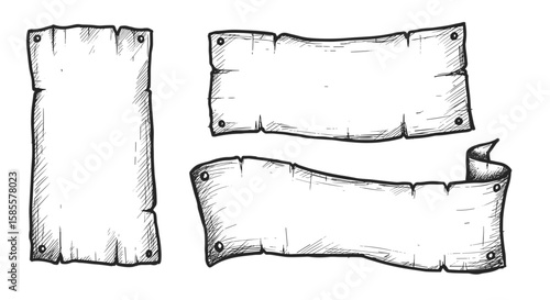 Wooden Planks or Ribbons with Nails Hand Drawn Sketch Woodcut Style on Transparent Background — Graphic Element for Design

