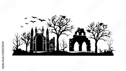 Spooky halloween scene with haunted house castle ruins and bats vector silhouette for graphic design element
