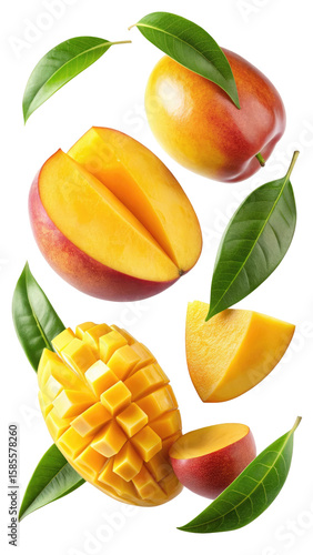 flying mango fruit and half slices isolated on transparent white background, clipping path