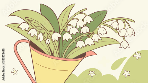 Lily of the valley flowers in yellow pitcher spring floral arrangement vector illustration design element