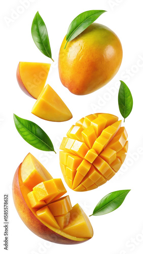 flying mango fruit and half slices isolated on transparent white background, clipping path