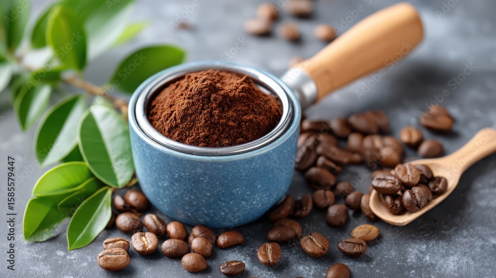 Fototapeta premium Freshly ground coffee awakens the senses in a cozy kitchen setting