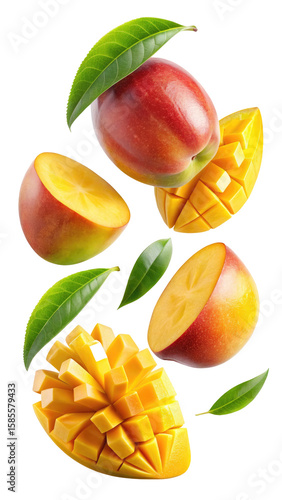 flying mango fruit and half slices isolated on transparent white background, clipping path