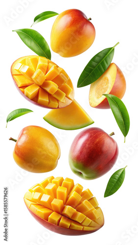 flying mango fruit and half slices isolated on transparent white background, clipping path