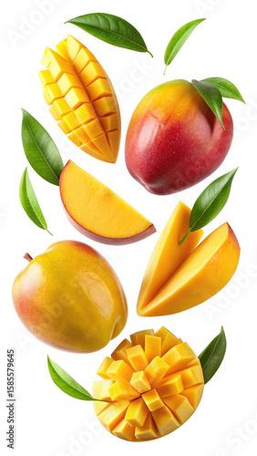 flying mango fruit and half slices isolated on transparent white background, clipping path