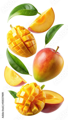 flying mango fruit and half slices isolated on transparent white background, clipping path