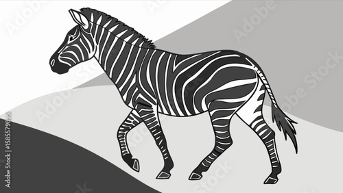 Illustration of a zebra walking in black and white wild animal striped mammal african safari wildlife art drawing