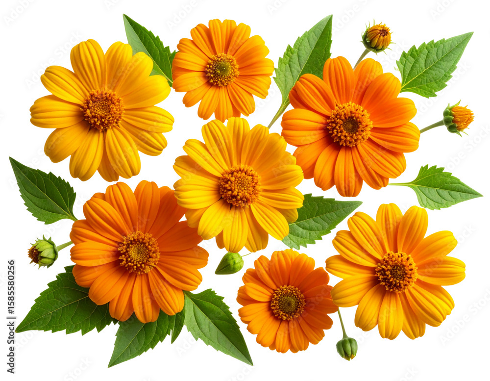 Obraz premium Flat Lay of Tithonia Flowers, Buds, and Leaves in Loose Tropical Arrangement,