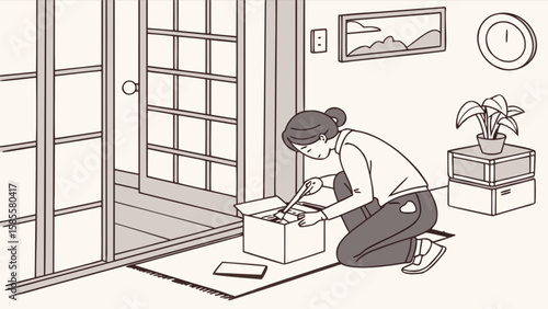 Woman unpacking moving box in new home interior design with plant and clock on wall is unpacking items