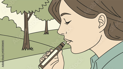 Woman using vape pen in nature park illustration for vaping and lifestyle blog with trees and greenery