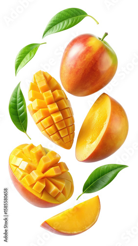 flying mango fruit and half slices isolated on transparent white background, clipping path
