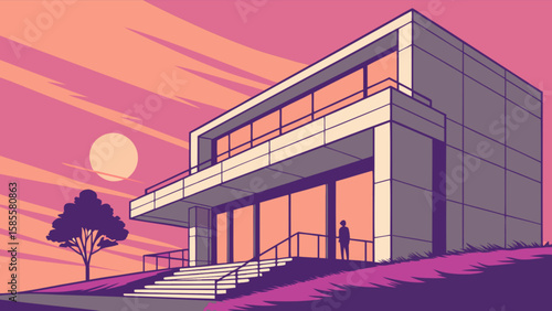 Modern house architecture design exterior with sunset sky and tree landscape illustration vector art