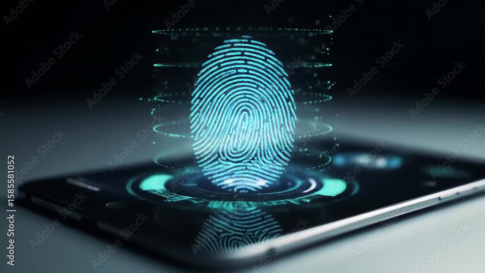 Futuristic fingerprint scanner projects a glowing 3D hologram from a digital tablet for biometric security.