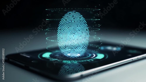 Futuristic fingerprint scanner projects a glowing 3D hologram from a digital tablet for biometric security.