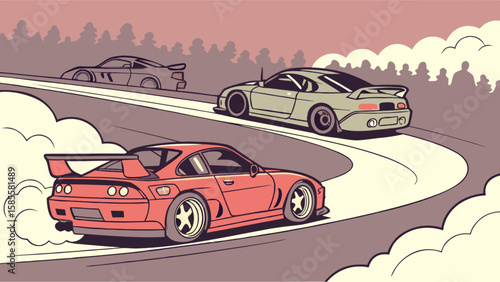 Race cars drifting on track illustration for car enthusiasts and motorsport fans, a cool automotive design
