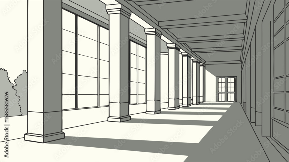 Fototapeta premium Architectural colonnade perspective drawing with columns and windows in black and white illustration