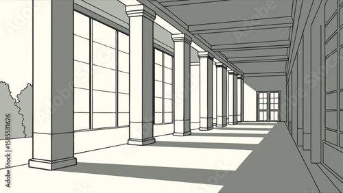 Architectural colonnade perspective drawing with columns and windows in black and white illustration