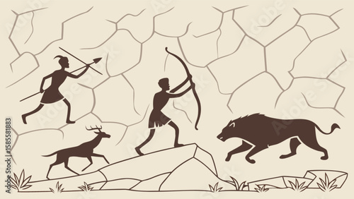 Cave painting illustration of prehistoric hunting scene with hunters and animals vector graphic art