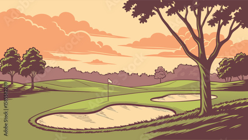 Golf course landscape vector illustration featuring trees, sand traps, and a beautiful sky at sunset