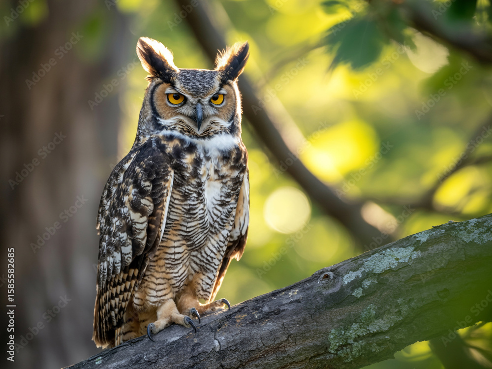 Obraz premium Great Horned Owl perched on a tree branch bird wildlife