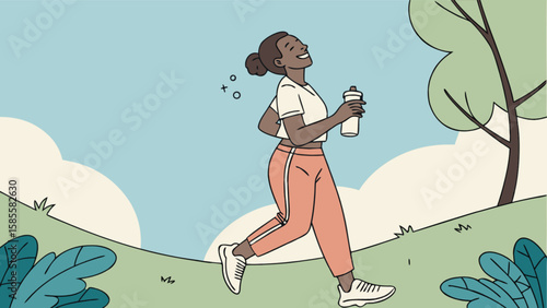 Woman jogging outdoors in park illustration for healthy lifestyle and fitness concept design vector art
