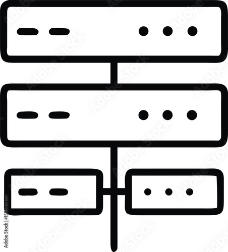 Isolated line drawing of computer network rack server with data indicators on boxes