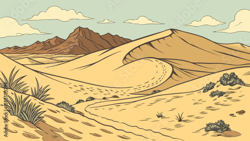 Explore the vast desert landscape: sand dunes, mountains, sky, and desert vegetation illustration