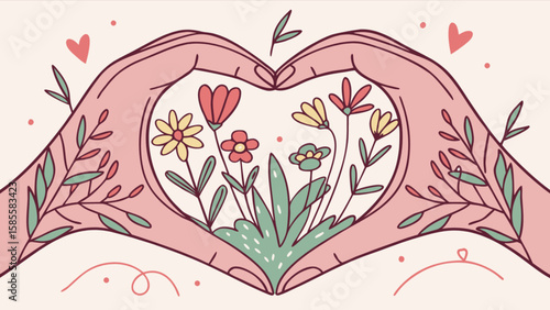 Heart hands with flowers vector illustration love and care concept romantic floral gesture design element