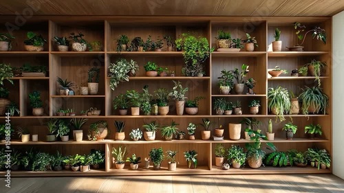 Wallpaper Mural Wooden shelving unit filled with various potted plants Torontodigital.ca