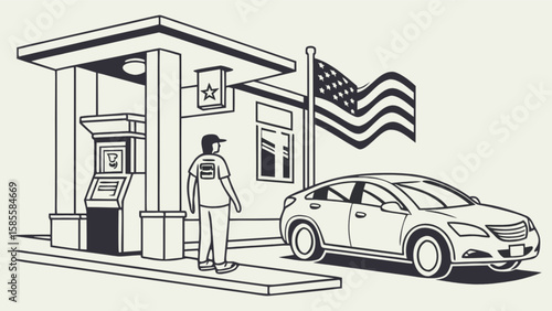 American gas station with car and worker illustration vector graphic design for commercial use asset