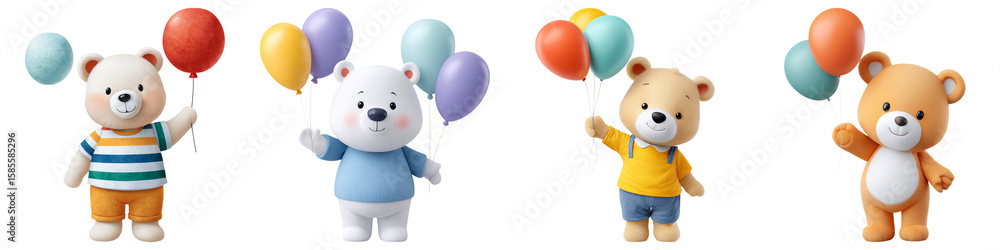 Fototapeta premium Baby animal balloon party scene, Four cartoon bears each holding colorful balloons, wearing different outfits and expressing happy emotions.