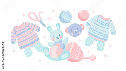 Pastel baby clothes bunny bear rattle and toy collection for nursery room decor and baby shower gifts