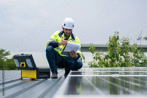 Engineer on rooftop wearing safety vest and helmet checking solar panel system using clipboard and walkie-talkie to log maintenance report during scheduled inspection in sunny weather.