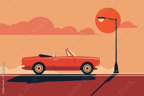 vintage red roadster beneath glowing lamppost at sunset with dramatic horizon and soft clouds vector art for travel themes