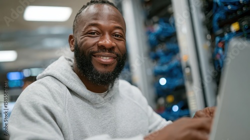 Wallpaper Mural Smiling technician works on laptop in server room during evening hours Torontodigital.ca