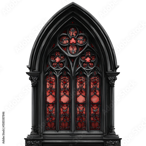 An ornate gothic window with black frame and red accents, isolated on transparent background, showcases intricate architectural design