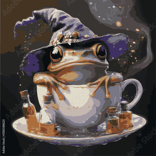Whimsical frog sorcerer relaxing in a teacup amidst enchanting potions, adorned with a mystical hat. A spellbinding illustration that sparks the imagination and embraces fantasy.