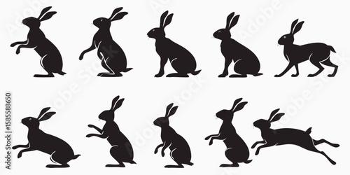 Collection of black hare silhouettes in various poses isolated on white background