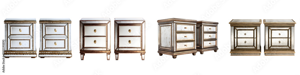 Fototapeta premium Mirrored Nightstands: Bedroom Furniture with Modern Glamour on White